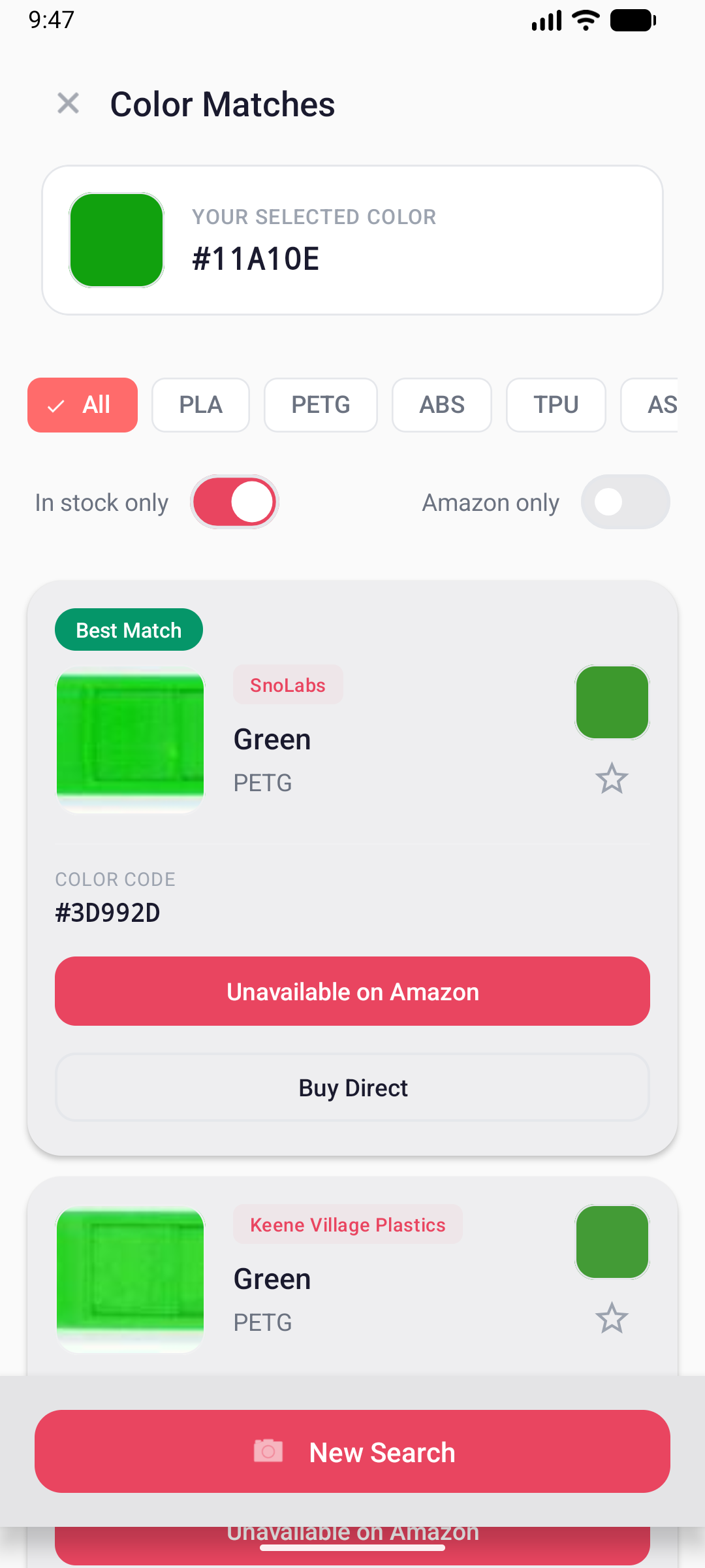 Filament matching results